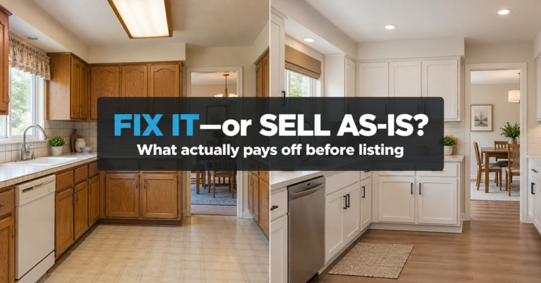 Before-and-after kitchen comparison illustrating whether homeowners should fix their house or sell as-is.